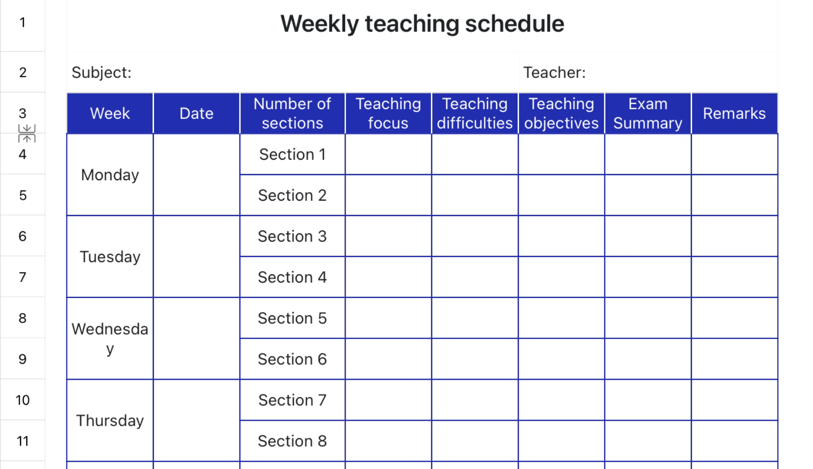 Weekly lesson schedule 1